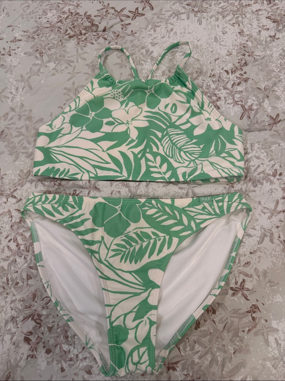 abercrombie kids White and Green Tropical Leaf Two-Piece Swim Set